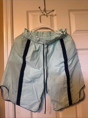 Free People Movement Light Aqua Drawstring Athletic Shorts with Navy Trim